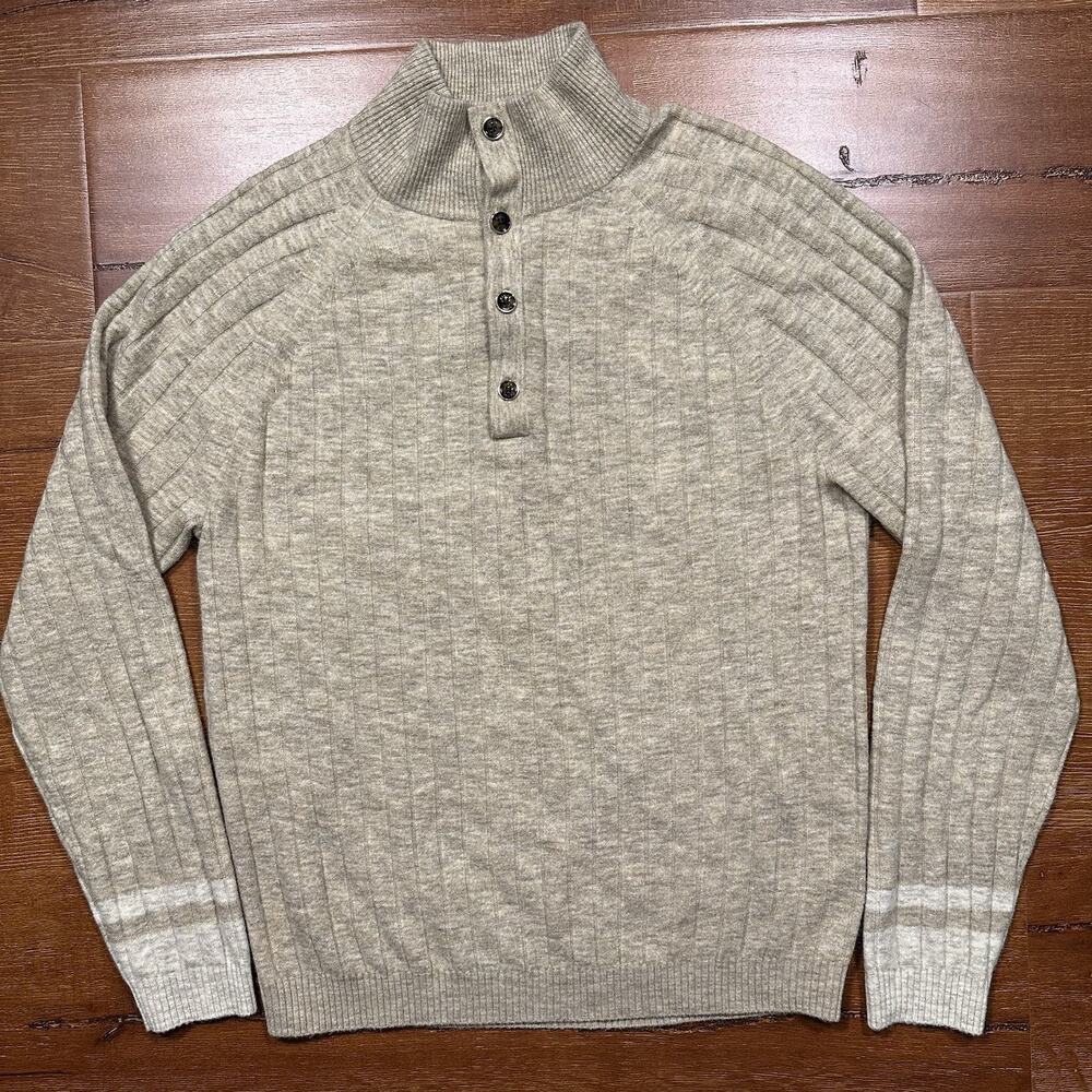Reiss Sweater Mens M Beige Wool Blend Button Up Mock Neck Designer Luxury Retro